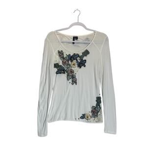 AZI Jeans Womens White Boho Indie 3D Floral Appliqué Top Artsy Beaded Sz Medium